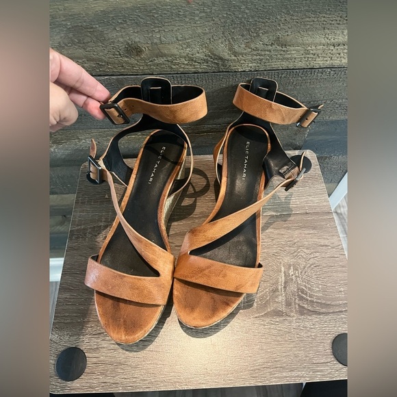 ELIE TAHARI ~Brown/Black Strappy Wedge Sandals - Picture 8 of 9
